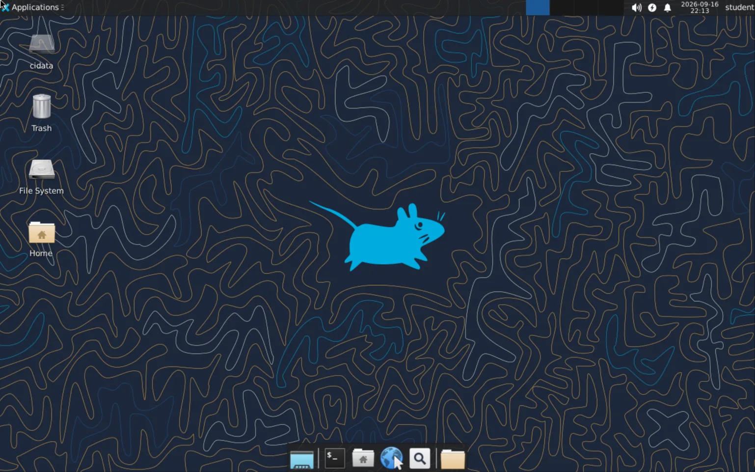 The Ubuntu XFCE desktop as delivered, autologged in as student, running inside a browser tab.